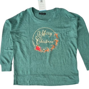 NWT State of Mine Women's Large Merry Christmas Sleigh Ride Top‎ Green Santa